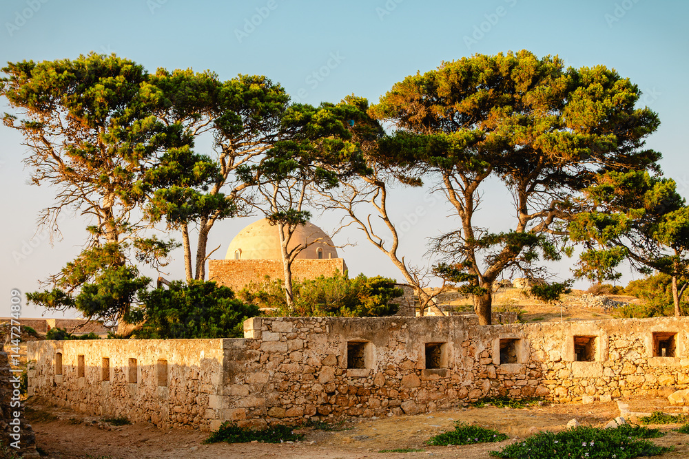 Sunlight filters through tall trees surrounding old stone walls and a historic dome structure.