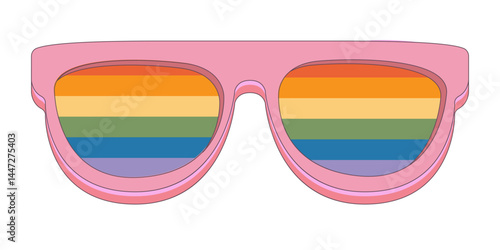LGBT PINK sunglasses retro groovy hipster style with pride rainbow lens and white frame isolated on white background. Retro vintage Pride day, LGBT and LGBTQ sunglasses icon, sticker, poster and label