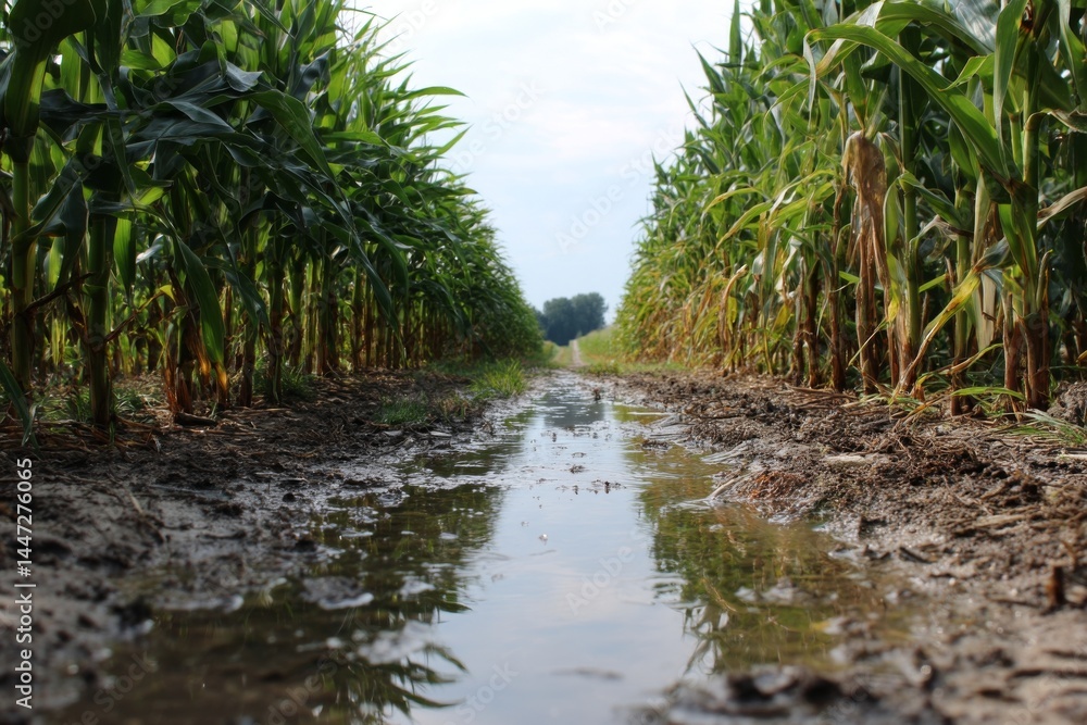 Fototapeta premium Cornfield Row Flooded with Water After Rain Creates Mirror-Like Reflections on a Cloudy Day in Rural Farmland