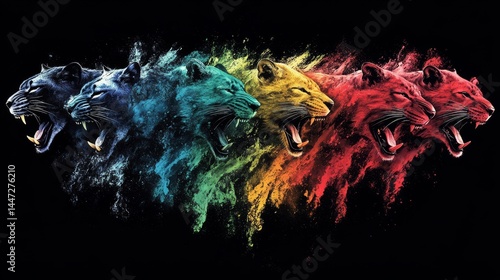Abstract feline spectrum cascading dynamic predator artwork on dark backdrop an exploration of animalistic energy represented through vibrant spectral gradients flow