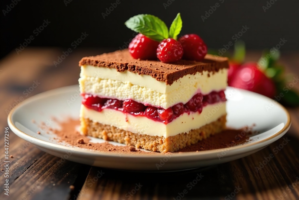 Individual tiramisu serving, cocoa dusted top, visible layers , food styling, high resolution Individual tiramisu serving, cocoa dusted top, visible layers , food styling, high resolution