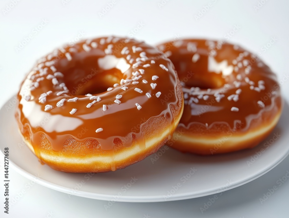 Delicious glazed donuts topped with sprinkles on a white plate ready to be enjoyed Delicious glazed donuts topped with sprinkles on a white plate ready to be enjoyed