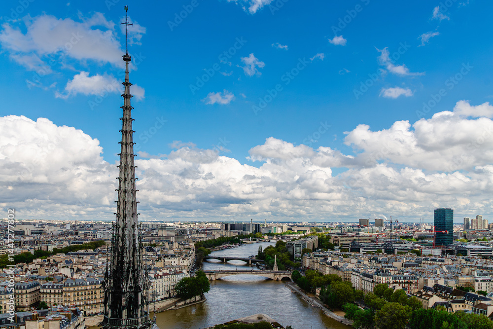 Aerial view from Notre Dame of Paris cityscape with Seine river, France