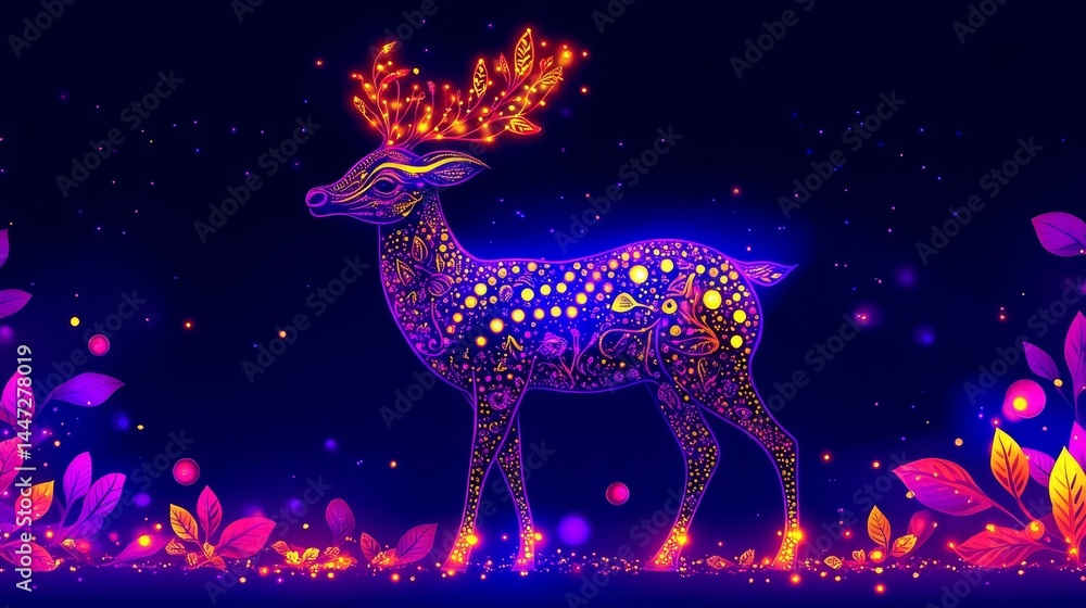 Enchanting Luminescent Deer Silhouette Amidst Mystical Flora and a Sparkling Night Sky, a Captivating Blend of Nature and Digital Art, fantasy world Enchanting Luminescent Deer Silhouette Amidst Mystical Flora and a Sparkling Night Sky, a Captivating Blend of Nature and Digital Art, fantasy world