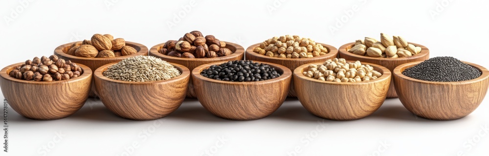 Various nuts and seeds arranged in wooden bowls for healthy snacking and culinary use Various nuts and seeds arranged in wooden bowls for healthy snacking and culinary use