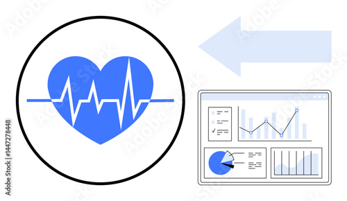 Heart shape with heartbeat line, arrow indicating data flow, and dashboard with charts and analytics. Ideal for healthcare, fitness, monitoring, data visualization, wellness, technology and a simple
