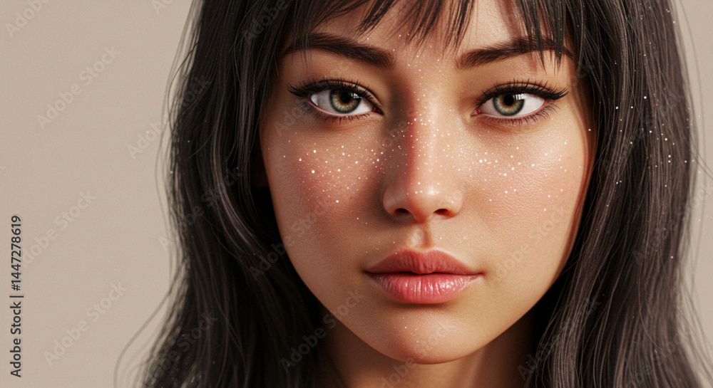 Obraz premium Close-up of Woman with Glowing Skin and Long Dark Hair Style