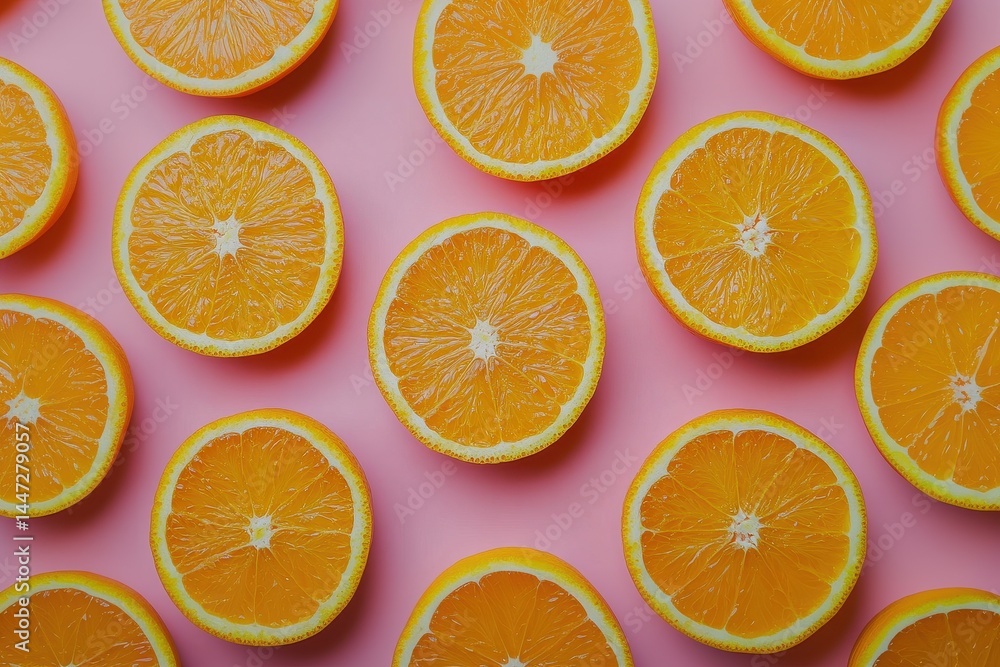 Freshly sliced oranges arranged neatly on a pink backdrop for a vibrant and refreshing display of fruit Freshly sliced oranges arranged neatly on a pink backdrop for a vibrant and refreshing display of fruit