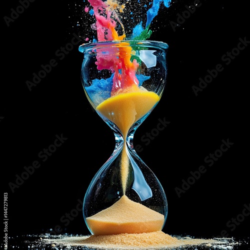 Colorful time flowing through hourglass Vivid colors of paint and sand flowing through a glass hourglass photo