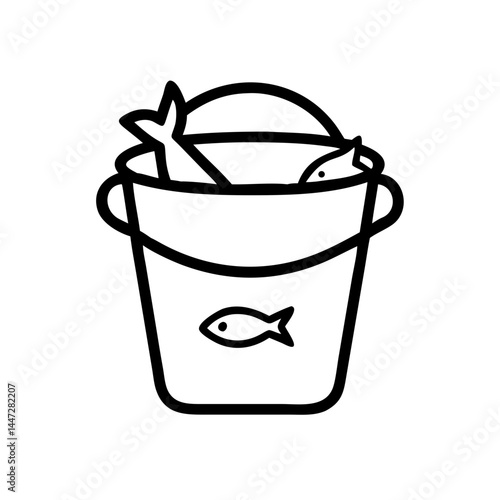 Bucket filled with fish in a minimalist line drawing style  