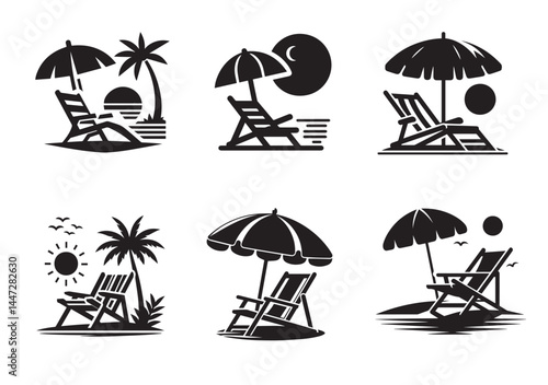 Beach chair silhouette Vector Set isolated on white background