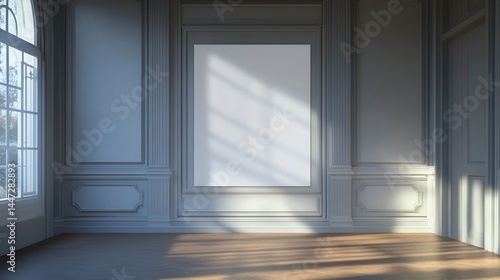 Sunlight streams into an elegant room with wainscoting and a blank poster.