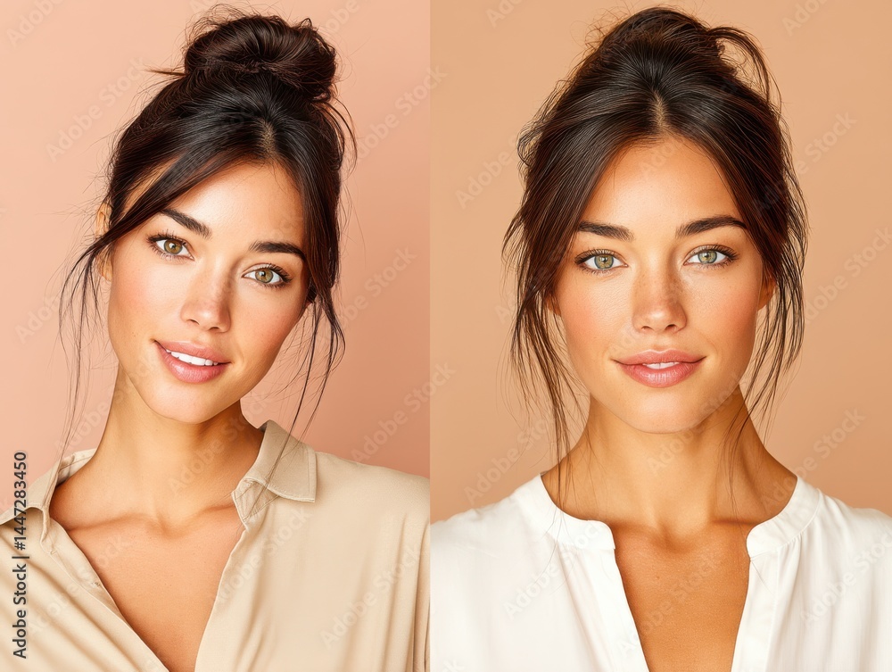 Beautiful woman with natural makeup showcasing confidence and a graceful expression Beautiful woman with natural makeup showcasing confidence and a graceful expression