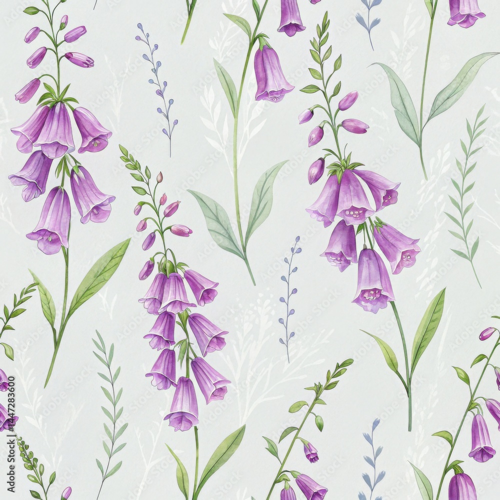 Botanical patterns featuring purple bellflowers in a serene floral design nature illustration soft aesthetic Botanical patterns featuring purple bellflowers in a serene floral design nature illustration soft aesthetic
