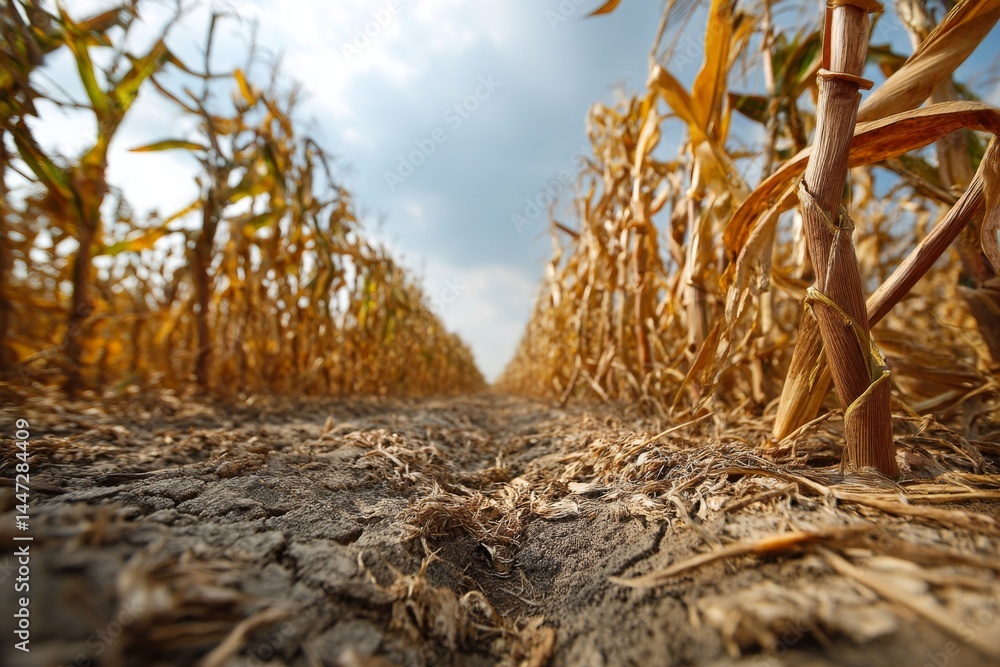 Fototapeta premium Rows of mature field corn under a blue sky, showcasing the end of harvest season with cracked dry soil and crop residue.