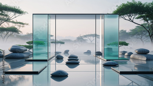 Minimalist zen garden with glass architecture and misty landscape serene ambiance