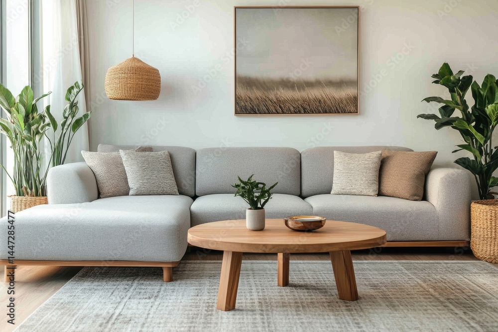 Fototapeta premium Modern living room design featuring light colors, natural materials, and plants, creating a cozy and inviting atmosphere
