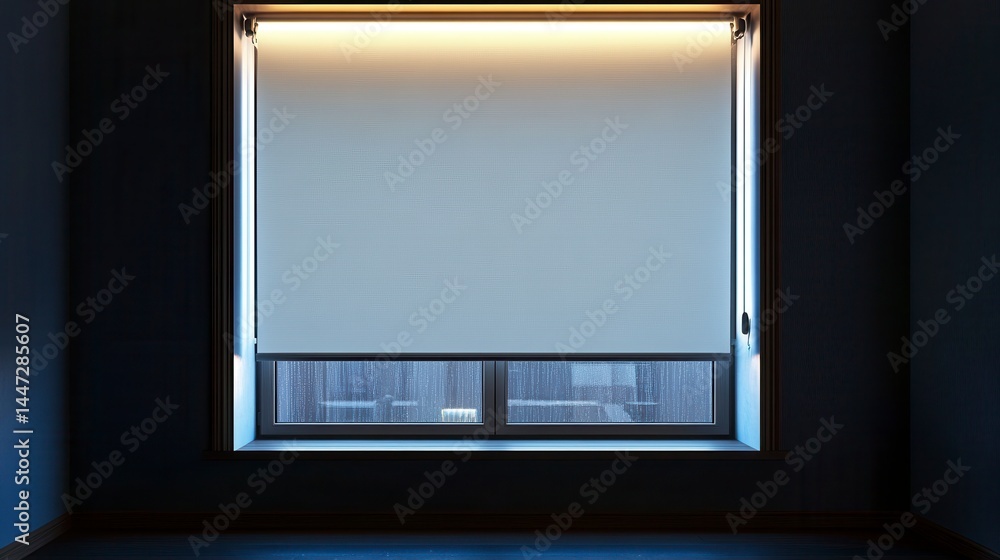 Modern window with roller blinds, night view. Modern window with roller blinds, night view.
