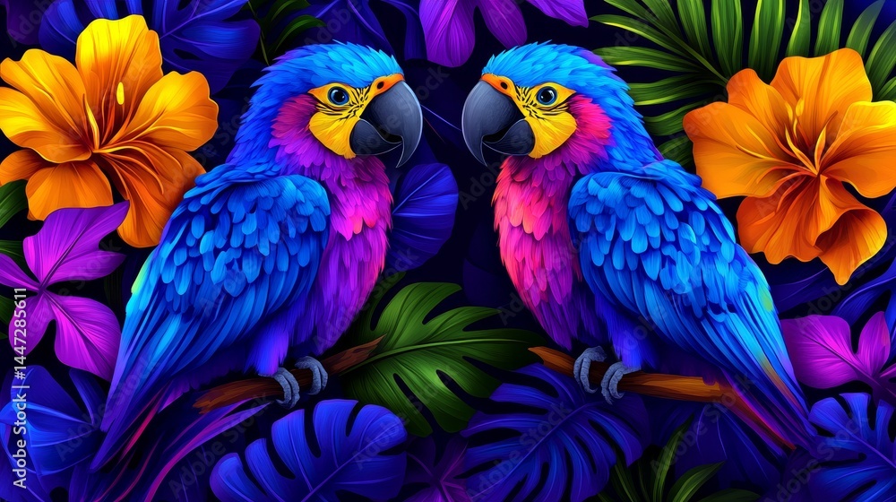 Fototapeta premium EnigmaticParrotDuetAmidstTropicalFloraVibrantHuesExoticBirdsNeonFeathersJungleBlossomsParadiseAvianHarmonyElectricColorationLushFoliageDreamlikeArtwork