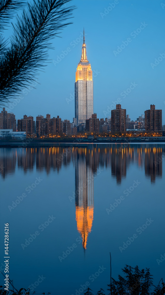 Fototapeta premium A tall skyscraper reflected in a calm body of water at dawn or dusk, framed by trees