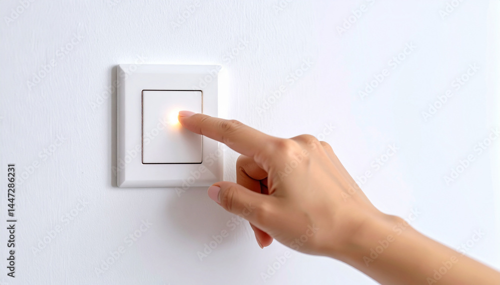 Close up de una mano y un dedo encendiendo o apagando un interruptor de luz para ahorrar energía en una pared blanca Close up de una mano y un dedo encendiendo o apagando un interruptor de luz para ahorrar energía en una pared blanca