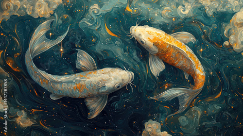 Two koi fish swim in a mystical, swirling water.  Golden and white scales shimmer against a deep teal backdrop.  Soft clouds of light and color surround the fish