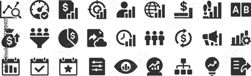 Analytics reporting glyph icon set. Vector pictograms of speedometer, checkmark, sales, document, dollar, chart, bullseye, money bag, interpretation, lightbulb, black sign silhouette illustration.