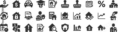 Loans mortgages glyph icon set. Vector pictograms of percent calendar, payment, interest, agreement, broker, business, briefcase, calculator, black sign silhouette illustration.