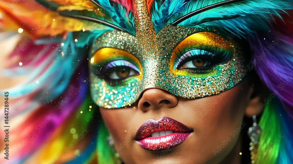 Colorful carnival mask with sparkling feathers capturing vibrant festival celebration Colorful carnival mask with sparkling feathers capturing vibrant festival celebration