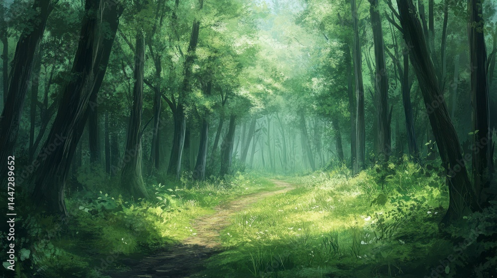 Fototapeta premium Sunlit Path Through a Lush Green Forest