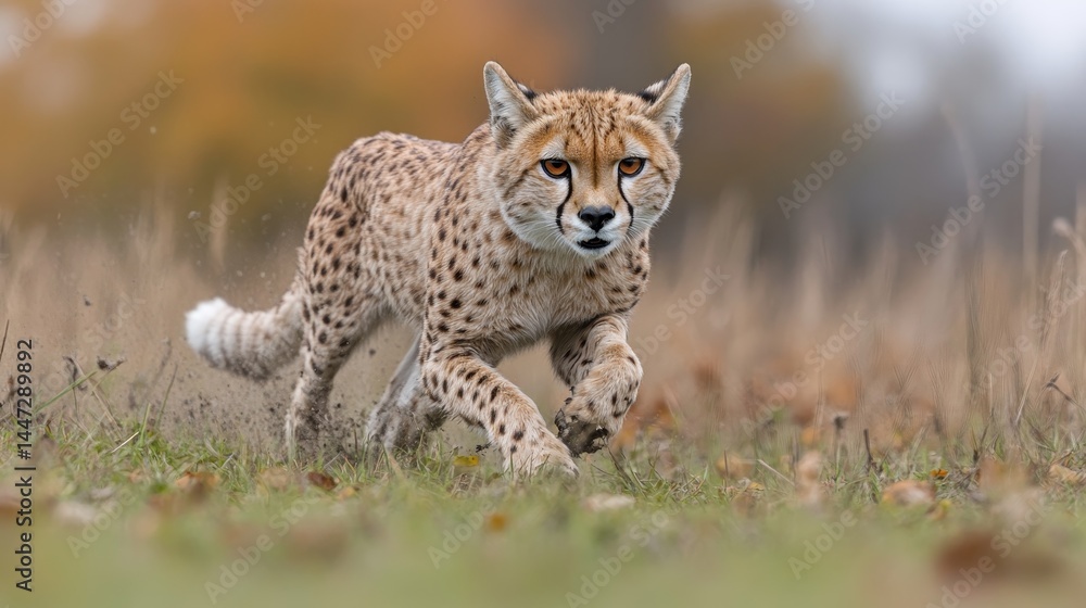 Obraz premium Dynamic cheetah portrait showcasing agility and speed in a natural habitat with blurred background evoking wild nature and pristine ecosystems