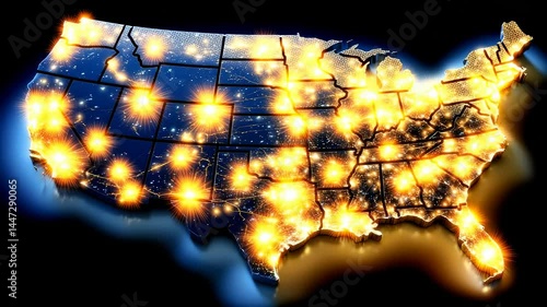 Glowing Map of the United States with City Lights