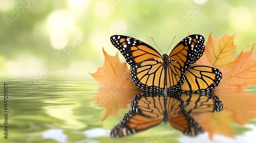 Monarch butterfly on autumn leaves reflection