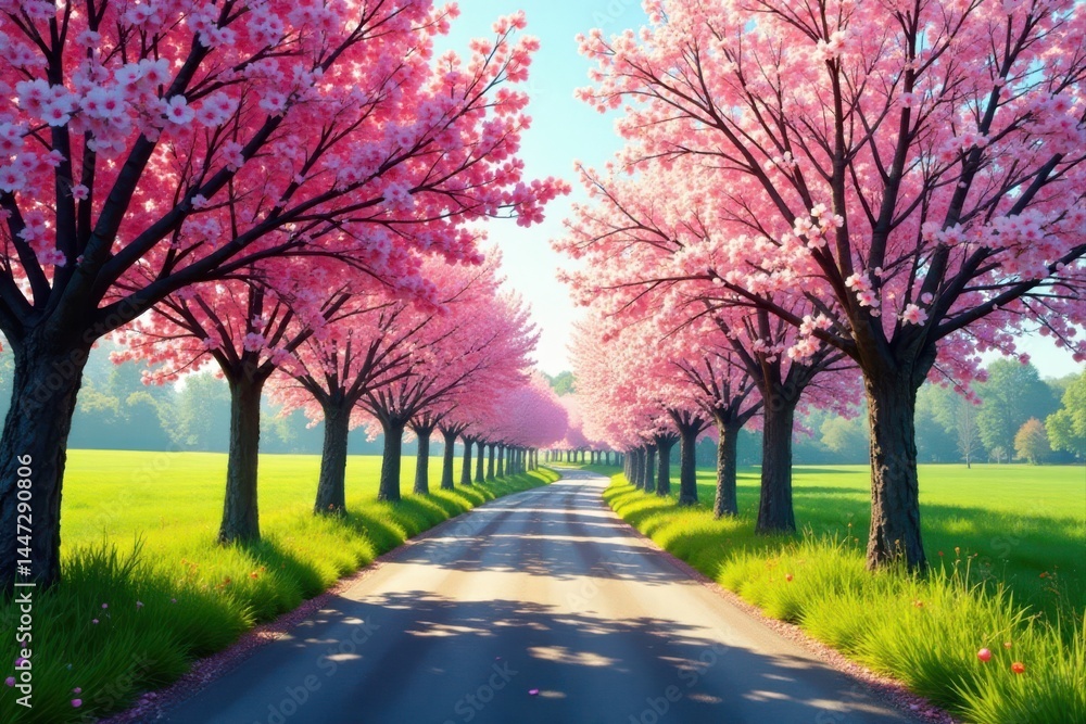 Naklejka premium A Serene Springtime Road Lined with Blooming Pink Trees, a Picturesque Pastoral Scene of Tranquil Beauty and Natural Harmony