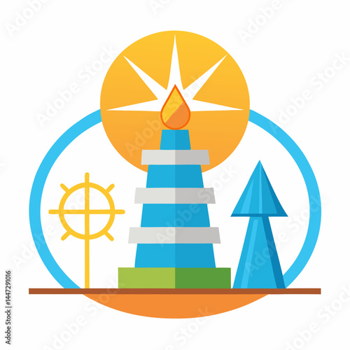 Energy symbol representing a tower with flame and nature elements  