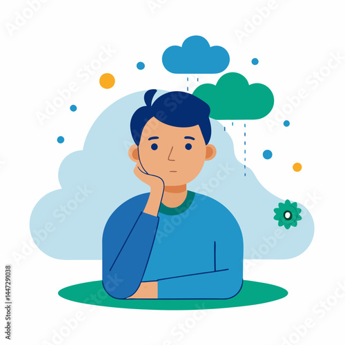 Daydreaming man pondering in a colorful, stylized background  
