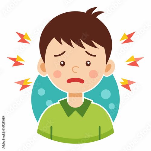 Boy expressing irritation with a worried expression against a colorful background  