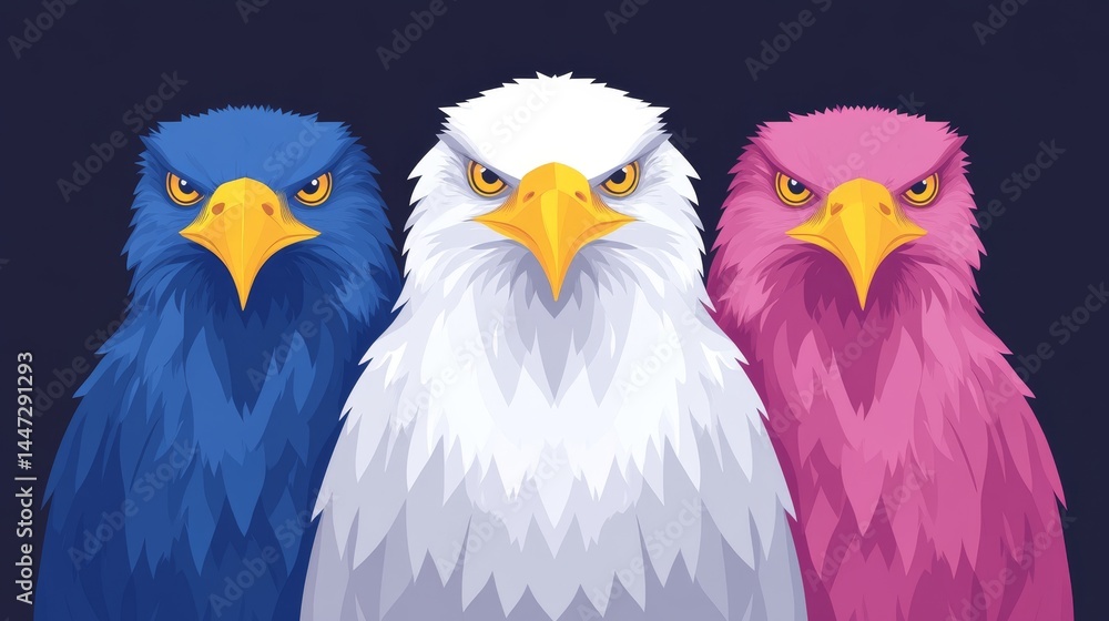 Fototapeta premium Pixelated avians a trio of stylized eagles in bold blue white and pink tones creating an intriguing digital art composition with vibrant colors