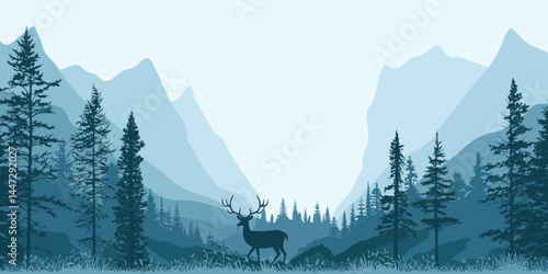 Mountain landscape with forest, morning haze, deer in the forest, vector illustration