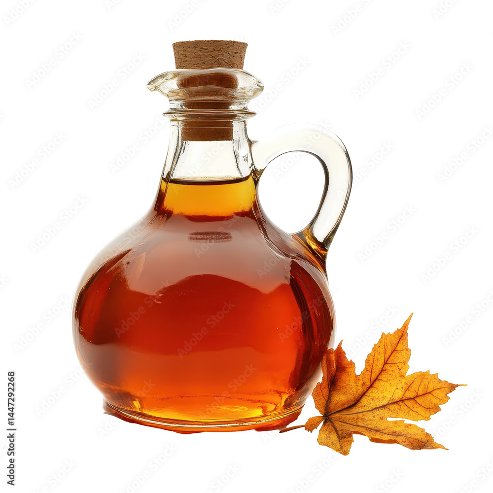 Maple syrup in decorative glass bottle with an autumn leaf on a white background showcasing the warm colors of fall Maple syrup in decorative glass bottle with an autumn leaf on a white background showcasing the warm colors of fall