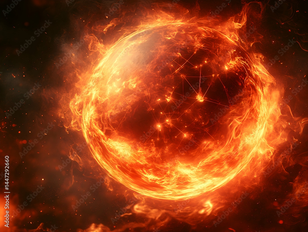 Obraz premium Fiery globe engulfed in flames, network of connections