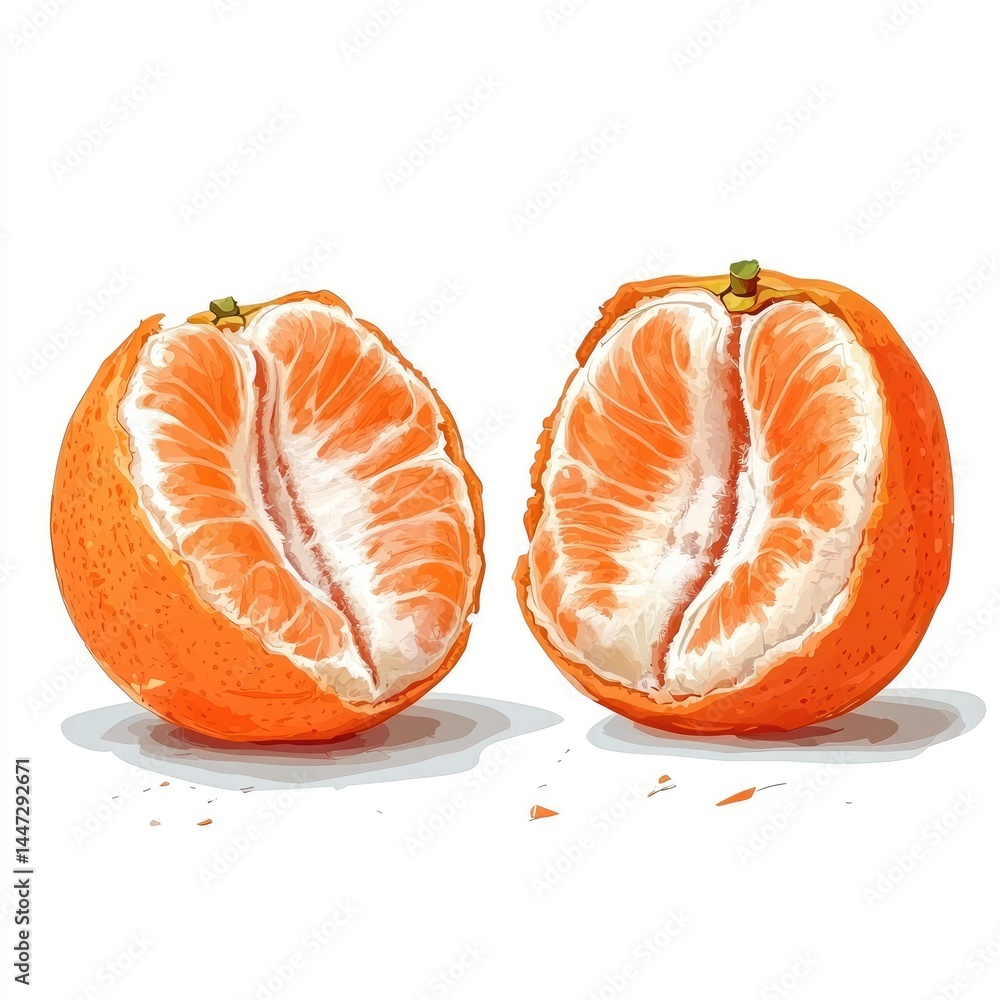 Two halves of a peeled mandarin orange, vibrant color illustration Two halves of a peeled mandarin orange, vibrant color illustration
