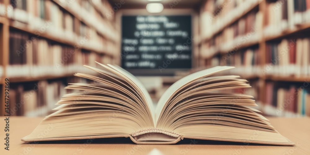 Open book in library setting showcasing knowledge and learning Open book in library setting showcasing knowledge and learning