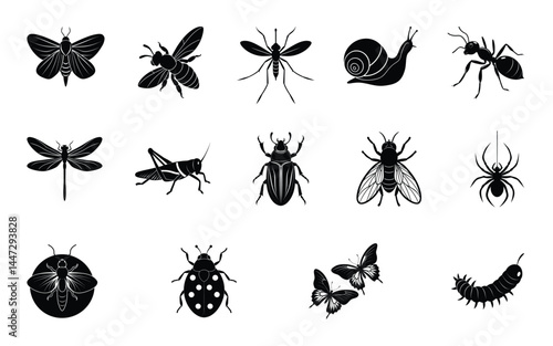 set of insects silhouettes vector on white background