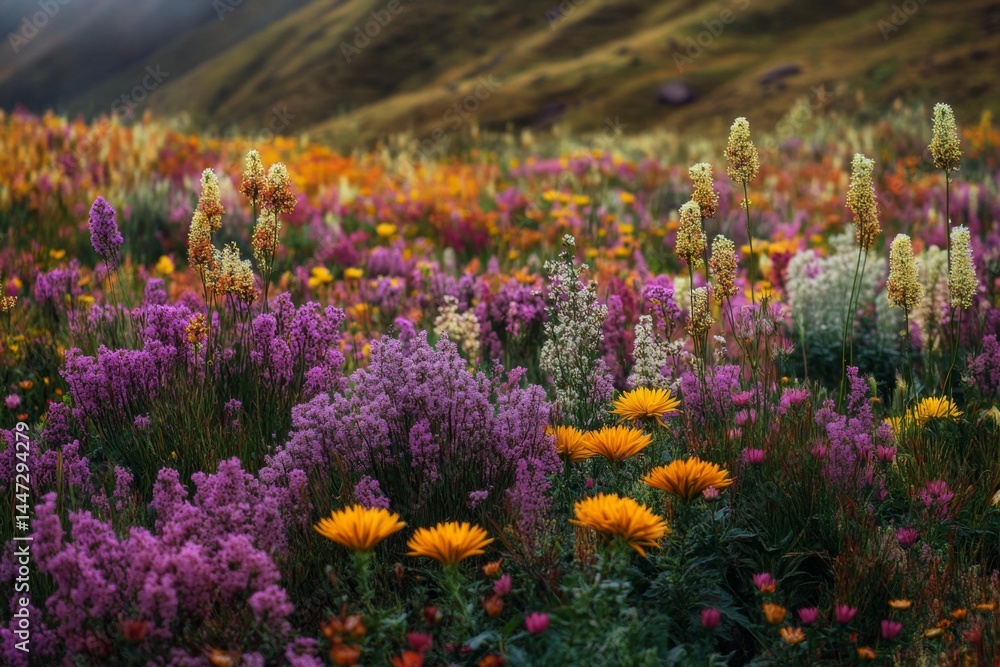 Fototapeta premium Vibrant wildflower meadow bursting with color. A tapestry of wildflowers in various hues of orange, yellow, pink, purple, and white, displaying a beautiful array of shapes and textures. 