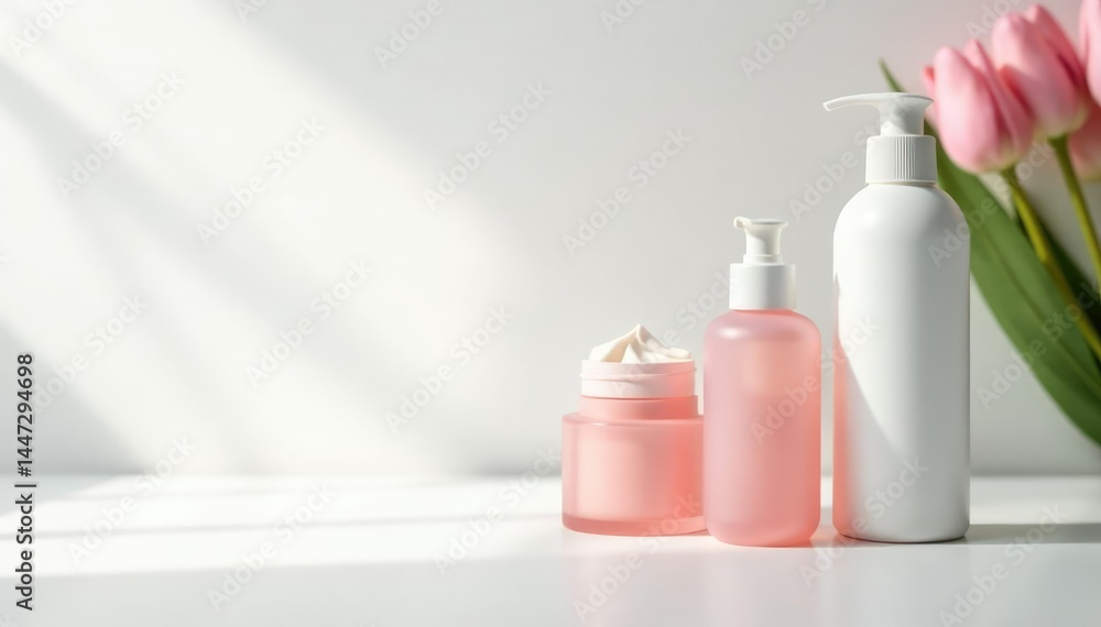 Luxury skincare products on pristine white backdrop, white background, cosmetic, packaging Luxury skincare products on pristine white backdrop, white background, cosmetic, packaging