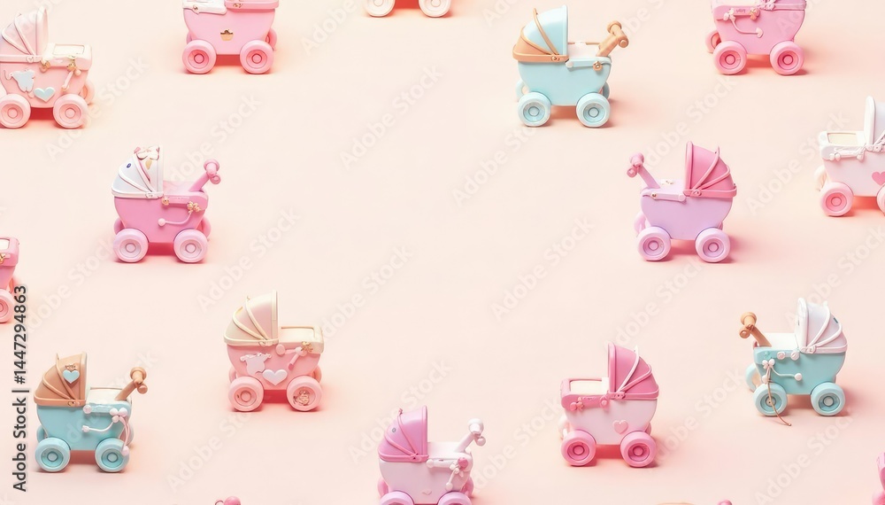 Pastel colored strollers, repeating pattern on light background, parenting, colorful Pastel colored strollers, repeating pattern on light background, parenting, colorful