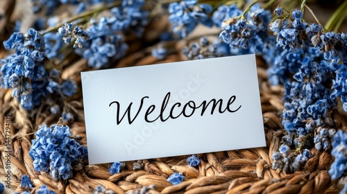 Charming welcome card surrounded by delicate blue blossoms on a textured wicker backdrop, embodying warmth and hospitality with organic elegance
