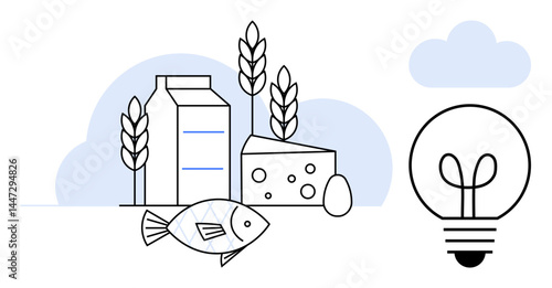 Milk carton, cheese block, fish, egg, and wheat stalks near a glowing light bulb suggest sustainable agriculture, nutrition, and innovative ideas. Ideal for food industry, health farming