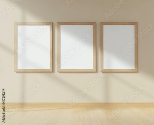 Three Empty Wooden Frames on Beige Wall with Sunlight